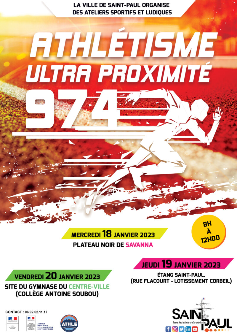 Des marmay en train de franchir la barre du saut en hauteur. D’autres enfants qui courent le plus vite possible. Voici quelques exemples d'activités sportives et ludiques proposées à des jeunes saint-paulois, de 8 heures à 12 heures, le mercredi 18 janvier 2023 au plateau noir de Savanna, le jeudi 19 janvier à l'Étang Saint-Paul et le vendredi 20 janvier au gymnase du centre-ville de Saint-Paul.