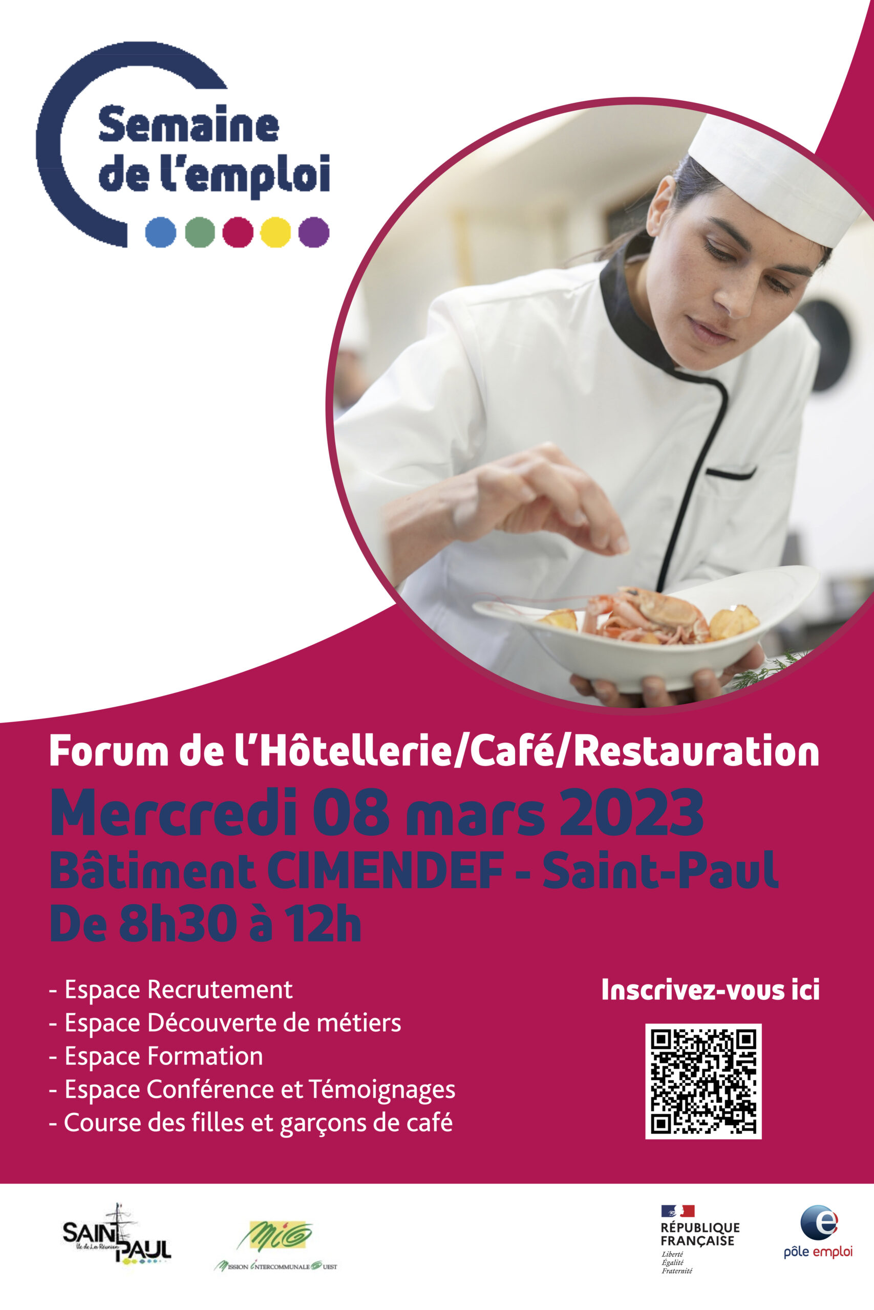 Saint-Paul propose sur son territoire un Forum dédié aux métiers qui recrutent dans les secteurs de l’hôtellerie-café-restauration le mercredi 8 mars 2023, de 8h30 à 12 heures, au Centre d’Art et de Culture, CIMENDEF.