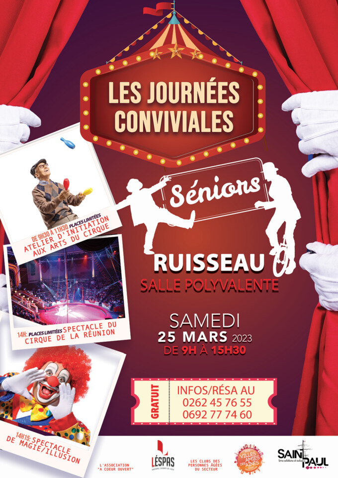 Les Journées conviviales dédiées aux séniors de Saint-Paul, Ville Amie des Aînés, investissent le Bassin de vie de La Plaine/Bois-de-Nèfles le samedi 25 mars 2023. La salle polyvalente du Ruisseau accueillera une manifestation centrée sur le cirque organisée par la Ville en lien avec Léspas culturel Leconte-de-LISLE, l'association À cœur ouvert et les clubs des personnes âgées du secteur.