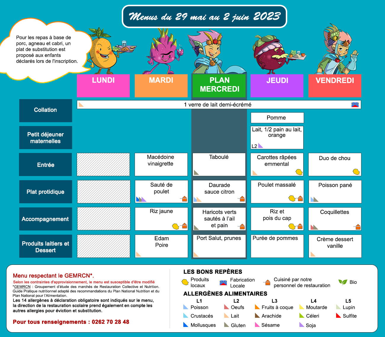 Menu du 30 mai au 2 juin 2023