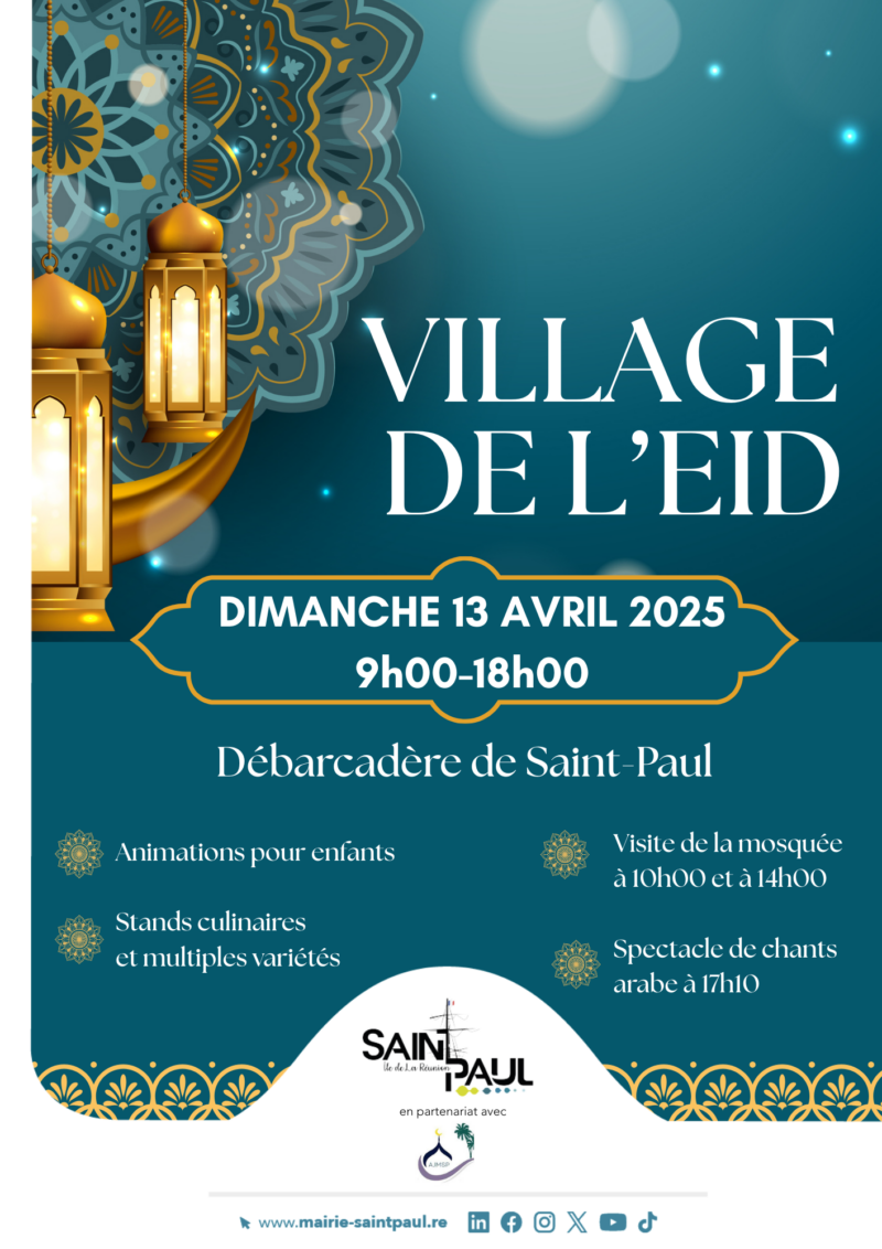 Affiche annonçant le Village de l’Eïd le dimanche 13 avril 2025 au Débarcadère de Saint-Paul